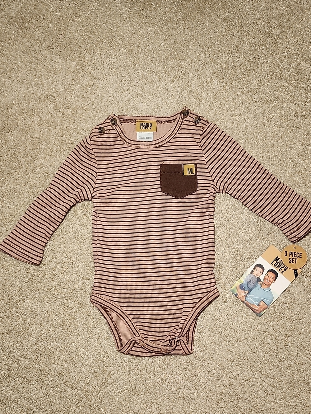Mario Lopez Kids Baby Boy 3-Piece Set Striped Bodysuit Pants Hat 3/6 M NWT - Picture 3 of 15